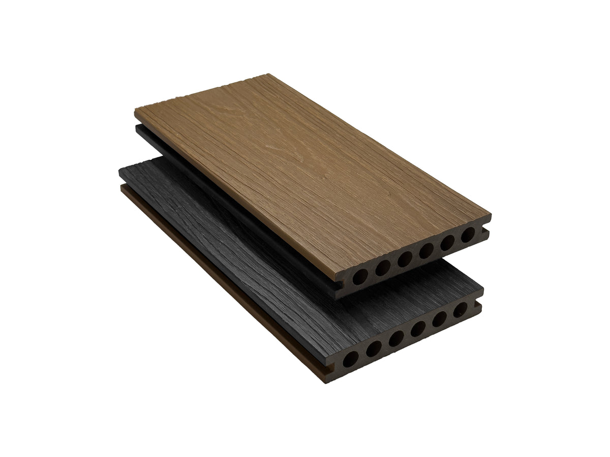 WPC Decking Board Golden Teak - Charcoal, Round Hollow Profile, Double-sided Woodgrain Texture