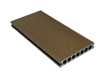 WPC Decking Board double-sided Golden Teak – Round Hollow Profile, 3D Dragon wood grain vs. smooth